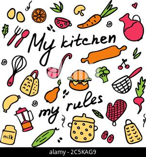 Grand ensemble de produits de cuisine. Des icônes de cuisine, des appareils de cuisine, des produits et des plats. Graphique dessiné à la main. Illustration de Vecteur