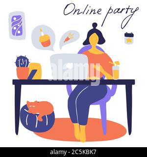 Fête en ligne, anniversaire, amis de réunion virtuelle. Une fille assise devant un ordinateur portable avec un cocktail. Chat vidéo. Illustration vectorielle plate Illustration de Vecteur