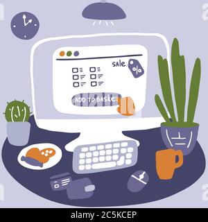 Achats en ligne. Shopping sur Internet, boutique en ligne. Bureau avec ordinateur, clavier et souris. Concept de séjour à la maison. Illustration vectorielle plate Illustration de Vecteur