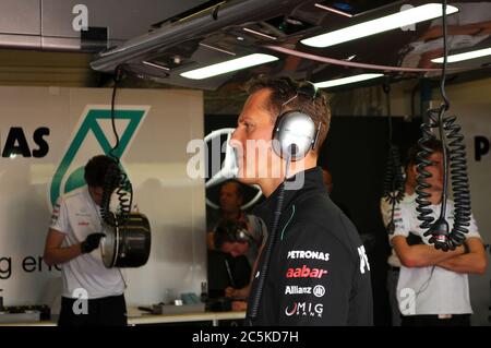 MUGELLO, ITALIE - 2012 MAI : Michael Schumacher de Mercedes F1 Team aux épreuves de Formule 1 les jours d'essai au circuit Mugello, le 2012 mai en Italie. Banque D'Images