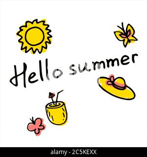 Étiquettes dessinées à la main pour l'été. Inscription Bonjour été. Vacances d'été, voyage, concept de vacances à la plage Illustration de Vecteur