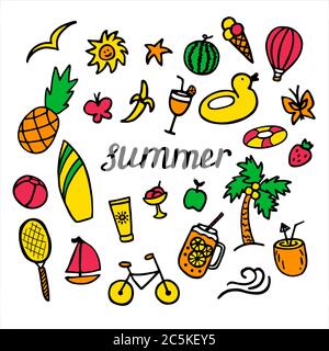 Ensemble été avec éléments dessinés à la main. Inscription manuscrites été. Illustration de Vecteur
