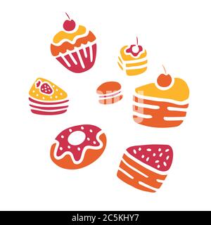 Vecteur Doodle. Boulangerie, gâteaux et desserts, pâtisseries icônes. Éléments dessinés à la main pour logo, étiquette, menu, café-boutique Illustration de Vecteur