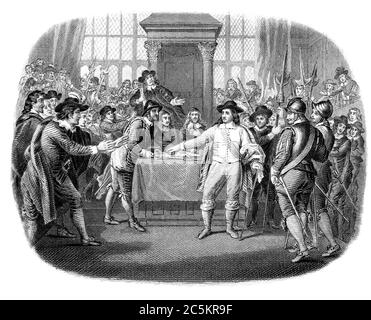 Une illustration gravée d'Oliver Cromwell dissolvant le long Parlement en Angleterre, Royaume-Uni, d'un livre victorien daté de 1868 qui n'est plus moi Banque D'Images