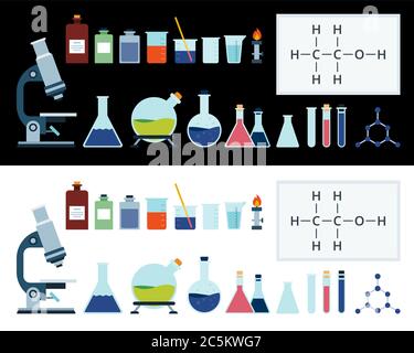 Équipement de laboratoire Vector, kit de verrerie. Tubes à essai, béchers de chimie avec liquides, icônes plates de mesure de vecteur de tasse. Isolé sur blanc et noir Illustration de Vecteur