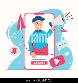 promotion d'illustration avec un garçon tenant le mégaphone dans un modèle plat Illustration de Vecteur