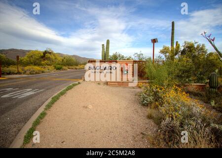 Panneau d'entrée au parc national de Saguaro à Tucson. Le désert de Sonoran en Arizona est le seul endroit au monde où le cactus de Saguaro peut se développer. Banque D'Images