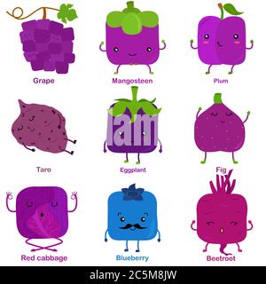 Joli vecteur de forme carrée sourire fruit, légume avec visage heureux en couleur pourpre - raisin Mangosteen Plum Taro aubergine Fig chou rouge Blueberry Illustration de Vecteur