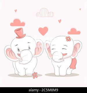 les éléphants adorables couple s'aiment. dessin à la main style d'art vectoriel Illustration de Vecteur