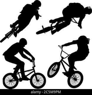 BMX vélo riders set de 4, vector graphiques silhouettes en noir Illustration de Vecteur