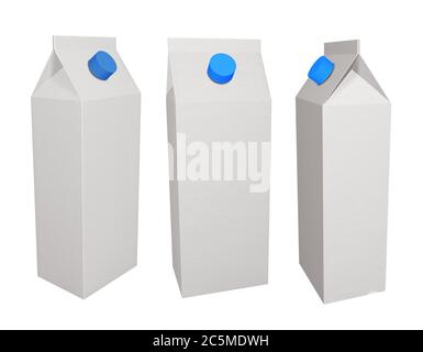 Rendu 3D de l'ensemble de boîtes en carton pour le lait ou les boissons isolées sur blanc Banque D'Images