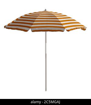 Parasol de plage à rayures orange-blanc isolé sur blanc. Masque inclus. Banque D'Images