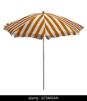 Parasol de plage à rayures orange-blanc isolé sur blanc. Masque inclus. Banque D'Images