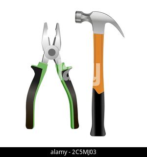 Outils de construction sur fond blanc. Aneth, clé, scie, pince, marteau, niveau pour réparation. Illustration vectorielle de style plat tendance. ESP 10. Illustration de Vecteur