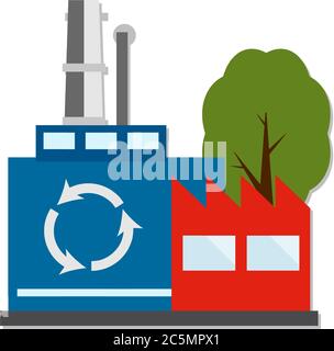 Vue en perspective sur quatre bâtiments industriels de l'électricité dans le style de dessin animé. Fabrication verte et recyclage écologique. Isolé Illustration de Vecteur