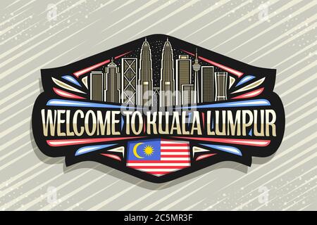 Logo Vector pour Kuala Lumpur, étiquette décorative noire avec illustration de ligne de paysage urbain moderne de kuala lumpur sur fond ciel crépuscule, aimant réfrigérateur avec Illustration de Vecteur