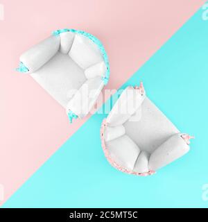 Deux chaises blanches opposées, avec couleurs, bleu et rose concept de couleurs, vue de dessus, design cool, arrière-plan, pour le texte et la copie, idée concept, nouveau concept Banque D'Images