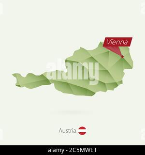 Carte de l'Autriche à gradient vert et faible poly avec la capitale Vienne Illustration de Vecteur