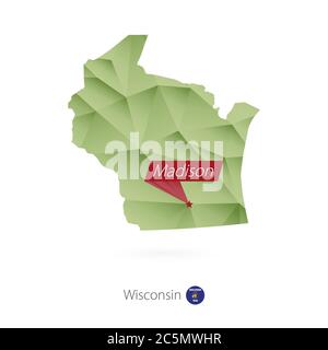 Carte de faible poly de gradient vert du Wisconsin avec la capitale Madison Illustration de Vecteur