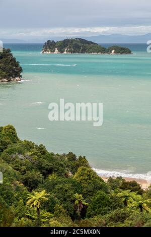 Coquille Bay et Fisherman Island depuis le circuit de la côte d'Abel Tasman, près de Marahau, le parc national d'Abel Tasman, près de Marahau, South Island, Nouvelle-Zélande Banque D'Images