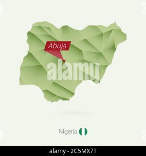 Carte poly basse à gradient vert du Nigeria avec la capitale Abuja Illustration de Vecteur