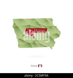Carte de l'Iowa à gradient vert et faible en polypoly avec la capitale des Moines Illustration de Vecteur