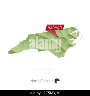 Carte de faible poly de gradient vert de la Caroline du Nord avec la capitale Raleigh Illustration de Vecteur