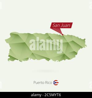 Carte de faible poly de gradient vert de Porto Rico avec la capitale San Juan Illustration de Vecteur