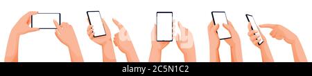 Mains humaines utilisant et tenant des smartphones. Illustration de dessin animé vectoriel plat. Téléphone portable à écran tactile avec écran vierge. Présentation de l'interface de l'application Illustration de Vecteur