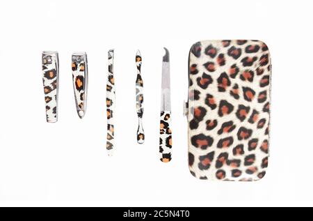 Ensemble/kit de manucure pour femmes avec motif peau de léopard. Vue de dessus de plusieurs outils d'hygiène et de la mallette Banque D'Images