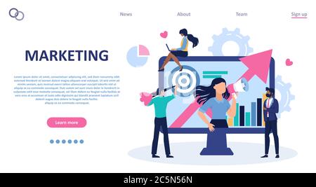 Vecteur d'une équipe de relations publiques travaillant sur le marketing en ligne pour développer les affaires sur les médias sociaux, promouvoir le contenu Illustration de Vecteur