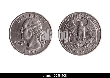 USA quart de dollar pièce de nickel (25 cents) avec une image portrait de George Washington et l'arrière de Bald Eagle coupé et isolé sur un blanc de ba Banque D'Images