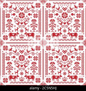 Motif floral vectoriel en point de croix allemand et autrichien rétro, motif en carreaux d'émeri symétrique avec oiseaux, chiens, vaches, coeurs et fleurs Illustration de Vecteur