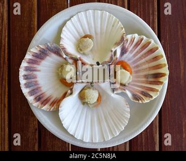 Saint-Jacques cuits sur un plat sur une surface en bois de table Banque D'Images