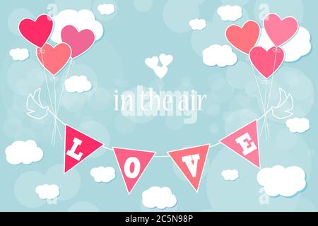 Ballons et drapeaux en forme de coeur garland avec texte Amour. Illustration vectorielle de fond de la Saint-Valentin Illustration de Vecteur