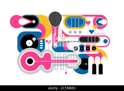 Design plat rouge, jaune et bleu isolé sur fond blanc illustration vectorielle de musical instruments. Composition artistique de guitare, saxophone, Illustration de Vecteur