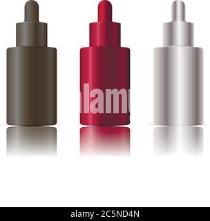 Jeu de flacons en plastique réalistes avec compte-gouttes. Flacon ou flacon de cosmétique ou de médecine pour huile, essentielle, sérum. Maquette de balises vectorielles isola Illustration de Vecteur