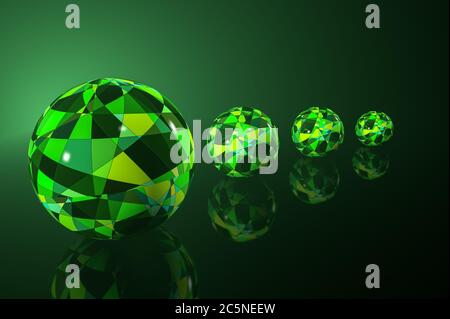 Sphère 3D avec un motif abstrait sous forme de trapèzes et de triangles en vert sur fond sombre Banque D'Images