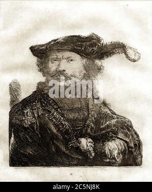 Autoportrait à Velvet Cap avec plume du maître hollandais Rembrandt Harmenszoon van Rijn (1606 - 1669), 1638/1880. Gravure de la plaque originale par Charles Amand-Durand (1831-1905) après Rembrandt Harmenszoon van Rijn (1606-1669). Banque D'Images