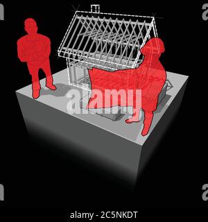 diagramme de construction en bois d'une maison individuelle simple avec architecte et homme souriant heureux debout devant elle Illustration de Vecteur