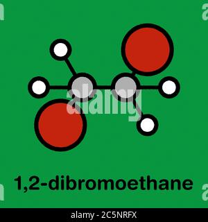 Dibromure d'éthylène (EDB, 1,2-dibromoéthane) molécule fumigène. Formule squelettique stylisée (structure chimique) : les atomes sont représentés par des cercles de couleur : hydrogène (blanc), carbone (gris), brome (marron). Banque D'Images