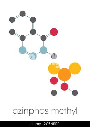 Insecticide organophosphoré azinphos-méthyl. Agit comme neurotoxine par l'inhibition de l'acétylcholinestérase. Formule squelettique stylisée (structure chimique) : les atomes sont représentés par des cercles de couleur : hydrogène (caché), carbone (gris), azote (bleu), oxygène (rouge), soufre (jaune), phosphore (orange). Banque D'Images