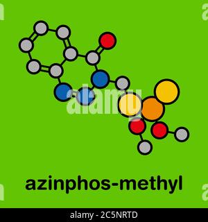 Insecticide organophosphoré azinphos-méthyl. Agit comme neurotoxine par l'inhibition de l'acétylcholinestérase. Formule squelettique stylisée (structure chimique) : les atomes sont représentés par des cercles de couleur : hydrogène (caché), carbone (gris), azote (bleu), oxygène (rouge), soufre (jaune), phosphore (orange). Banque D'Images