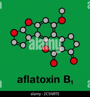 Aflatoxine B1 moule molécule cancérogène. Formule squelettique stylisée (structure chimique) : les atomes sont représentés par des cercles de couleur : hydrogène (caché), carbone (gris), oxygène (rouge). Banque D'Images