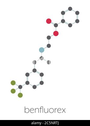 Molécule de médicament de Benfluorex (retirée). Formule squelettique stylisée (structure chimique) : les atomes sont représentés par des cercles de couleur : hydrogène (caché), carbone (gris), oxygène (rouge), azote (bleu), fluor (cyan). Banque D'Images