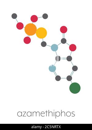 Molécule de pesticide azaméthiphos. Utilisé en flypaper, médecine vétérinaire, etc. Formule squelettique stylisée (structure chimique) : les atomes sont représentés par des cercles de couleur : hydrogène (caché), carbone (gris), azote (bleu), oxygène (rouge), chlore (vert), soufre (jaune), phosphore (orange). Banque D'Images