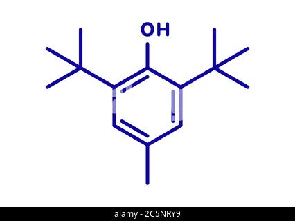 Molécule antioxydante d'hydroxytoluène butylé (BHT). Formule squelettique. Banque D'Images