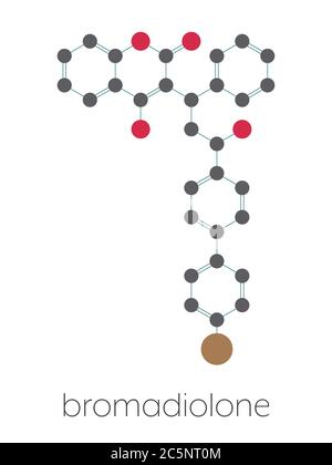 Molécule de rodenticide de bromadiolone (antagoniste de la vitamine K). Formule squelettique stylisée (structure chimique) : les atomes sont représentés par des cercles de couleur : hydrogène (caché), carbone (gris), oxygène (rouge), brome (marron). Banque D'Images