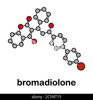 Molécule de rodenticide de bromadiolone (antagoniste de la vitamine K). Formule squelettique stylisée (structure chimique) : les atomes sont représentés par des cercles de couleur : hydrogène (caché), carbone (gris), oxygène (rouge), brome (marron). Banque D'Images