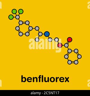 Molécule de médicament de Benfluorex (retirée). Formule squelettique stylisée (structure chimique) : les atomes sont représentés par des cercles de couleur : hydrogène (caché), carbone (gris), oxygène (rouge), azote (bleu), fluor (cyan). Banque D'Images